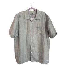 Tommy Bahama XL Green 100% Linen Short Sleeve Button Up Shirt Camp Collar
